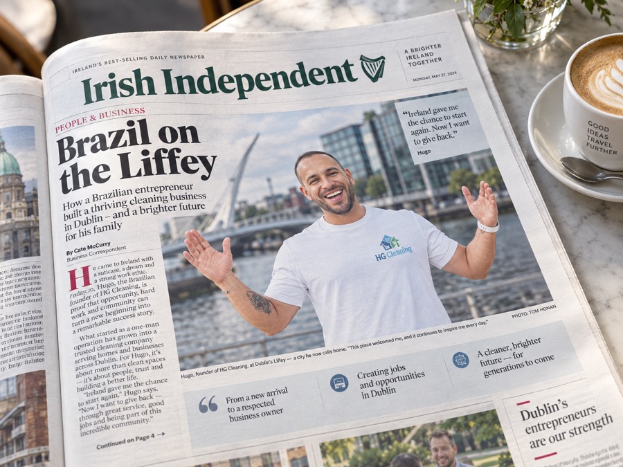 Newspaper feature about Hugo and HG Cleaning, photographed on a café table