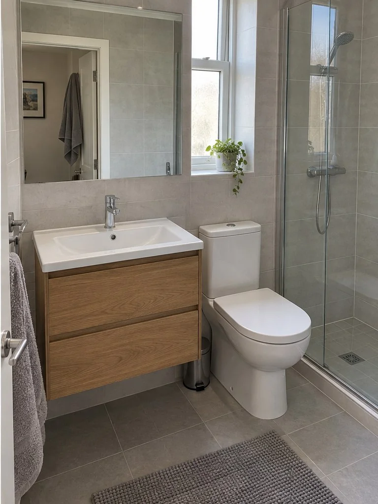 Clean bright bathroom after cleaning, illustrative demo