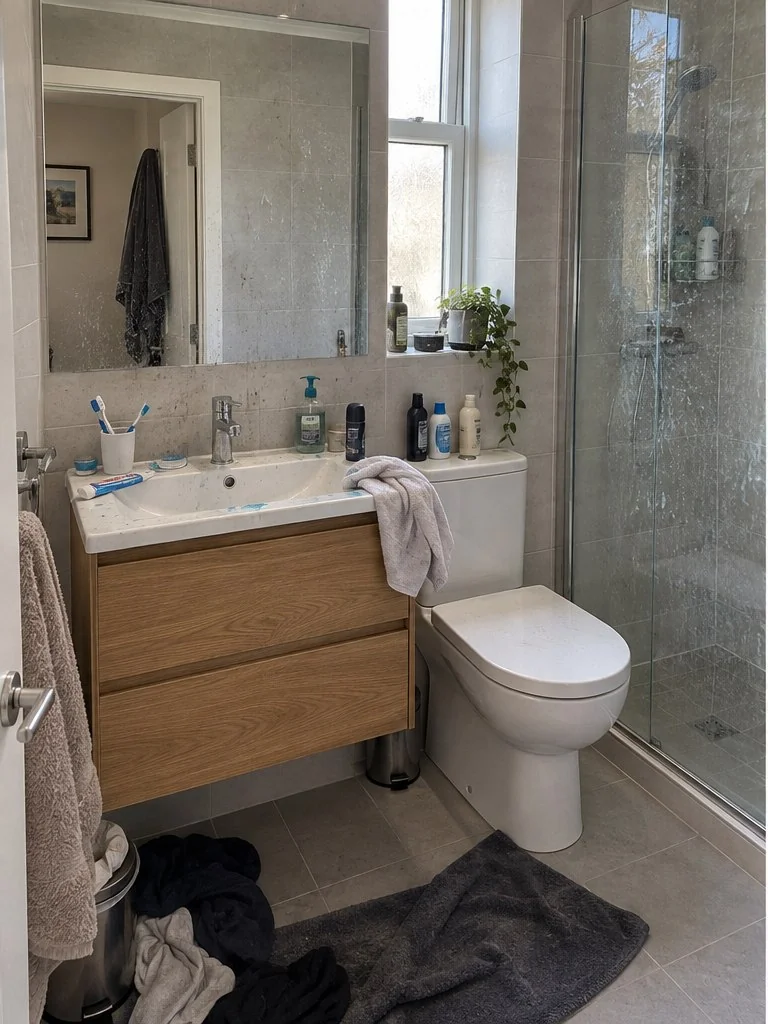Bathroom before cleaning, illustrative demo