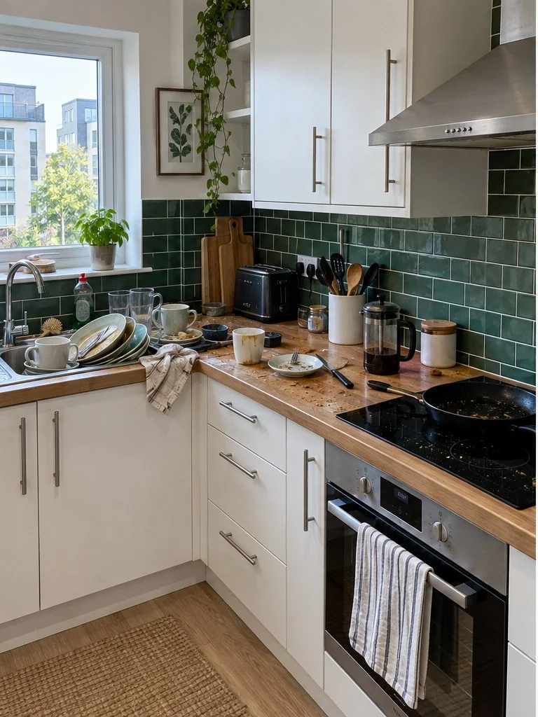 Kitchen before cleaning, illustrative demo