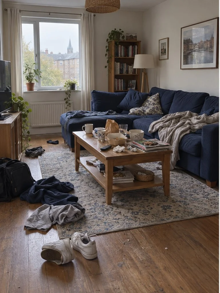 Living space before cleaning, illustrative demo