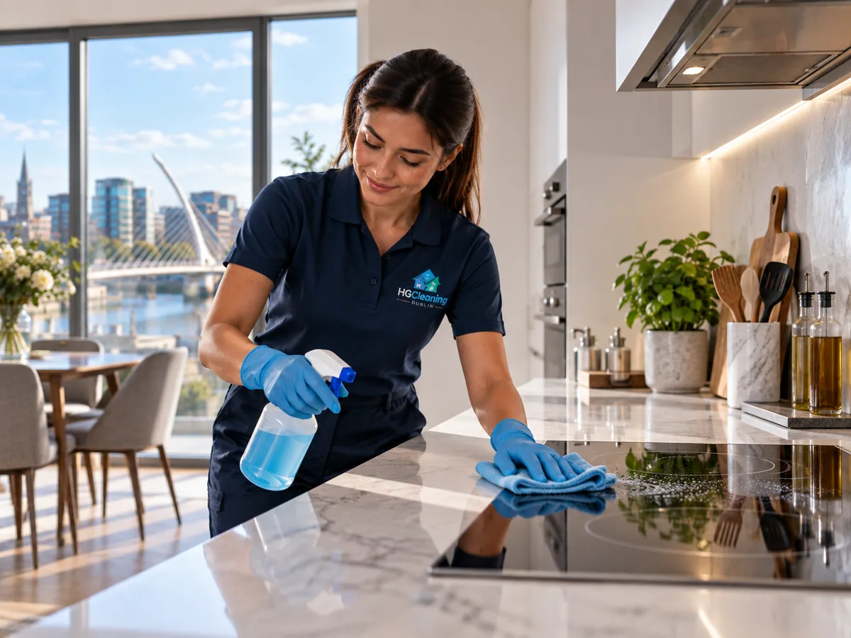 Deep Cleaning — illustrative photograph of an HG Cleaning professional cleaning a kitchen worktop and hob