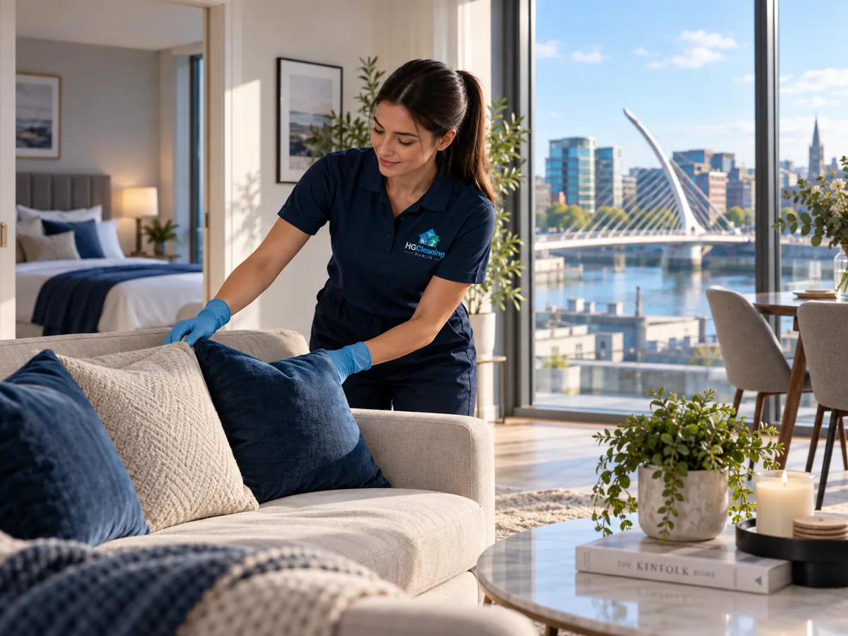 Home Cleaning — illustrative photograph of an HG Cleaning professional tidying a Dublin living room